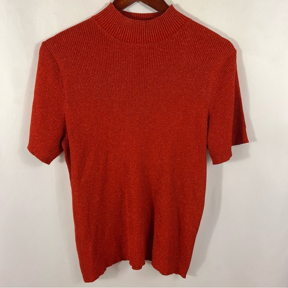 Rafaella Tops - Rafaella Top Plus Size 1X Red Holiday Silk Blend Ribbed Mock Neck Metallic